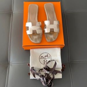 Hermes Rose Gold Metallic Oran Sandals 38.5